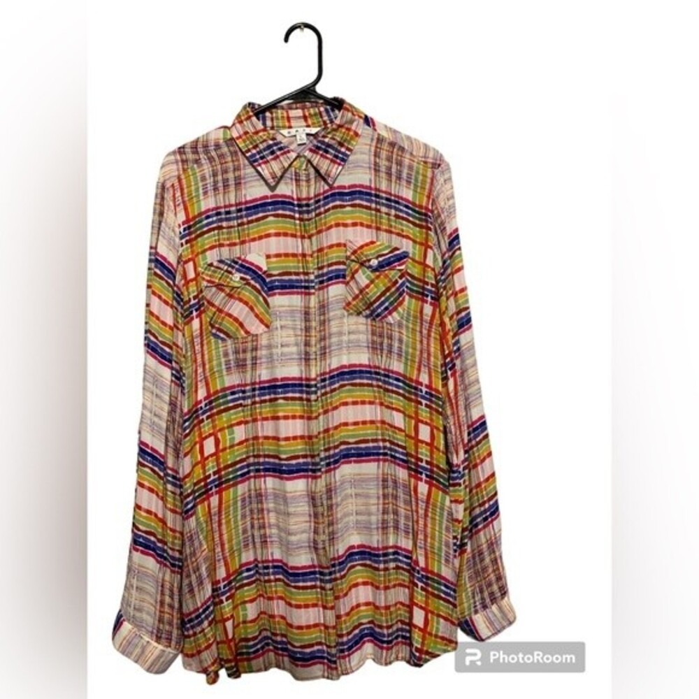 CAbi #797 Plaid Cirque Blouse Roll-Tab Sleeves Shirt - Size L